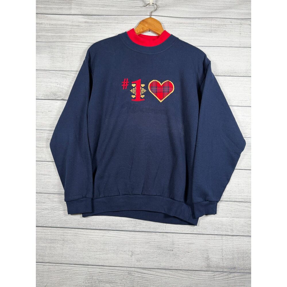 Vintage Endless Designs Medium Navy Plaid Heart #1 Mock Neck Sweatshirt USA 4177